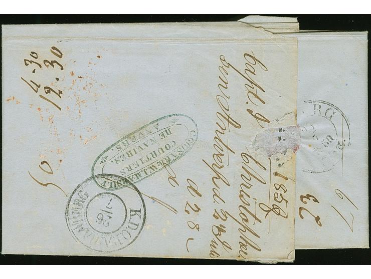 

1850, Folded envelope cancelled "ANVERS 24 Jui 1850" in red and on reverse forwarding agent cachet “Grislar &amp; Marsily, 