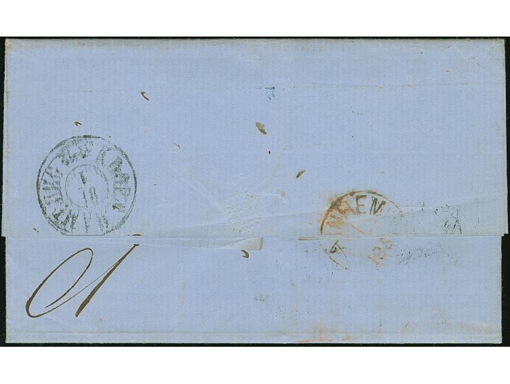 1859, kompletter Faltbrief aus Kopenhagen / Dänemark mit "Schmetterlingstempel" von Hamburg (Feuser 1349-40) vorderseitig, da