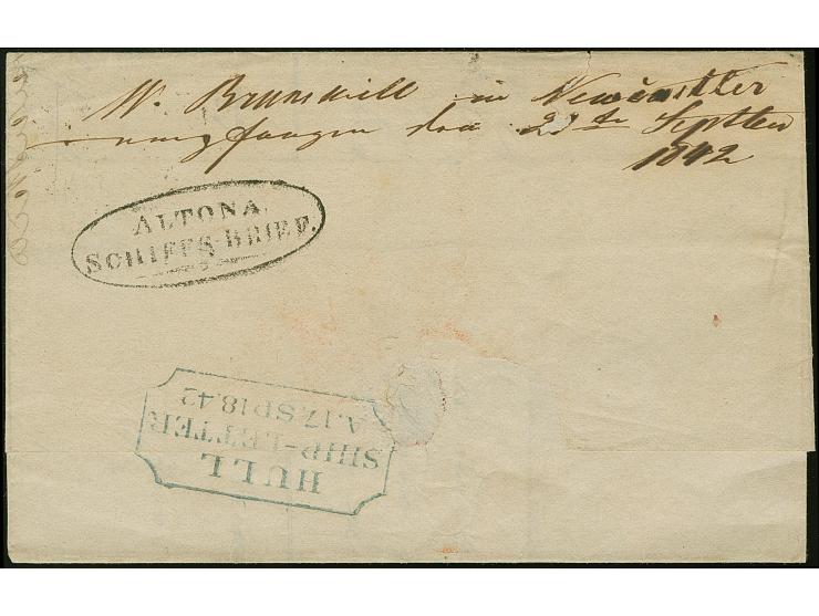 1842, "ALTONA SCHIFFS-BRIEF", Ovalstempel rückseitig neben "HULL SHIP LETTER" auf kpl. Faltbrief von "NEWCASTLE ON TYNE SP/16