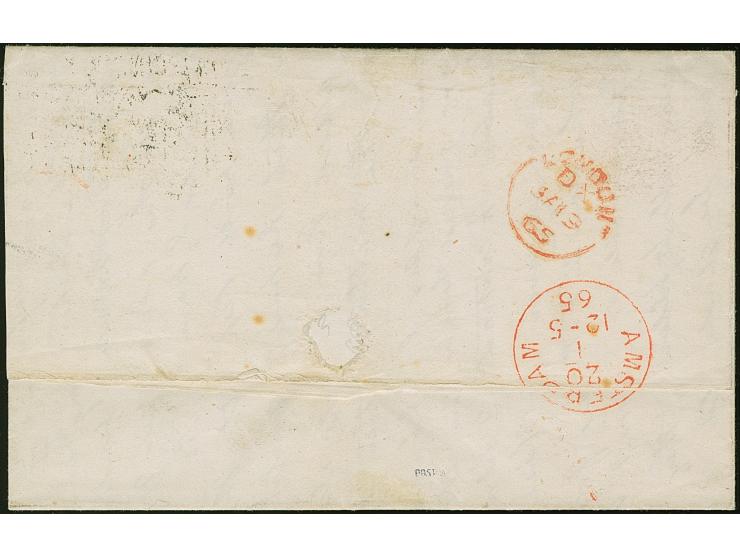 1865, QV 3 d. rose “BI”, tied to entire letter by “3L GLASGOW JA/18 65 / 159” duplex, on reverse London DX JA/19 65 transit c