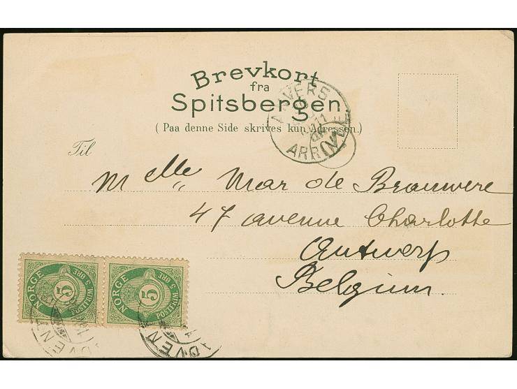 1906. Decorative four-part lithograph postcard ‘HILSEN FRA SPITSBERGEN’ bearing polar bear stamp ´Spitsbergen´ 10 ore blue on
