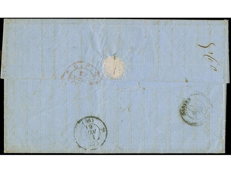 1861, folded envelope with full content from Calcutta, cancelled boxed "India Unpaid" in black, double rate tax mark “18”, on