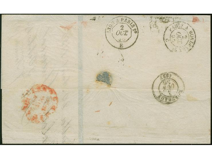 1856, East India, 8 a. carmine, blue glazed paper, used on cover from CALCUTTA to Bordeaux, tied by a combination of handstru