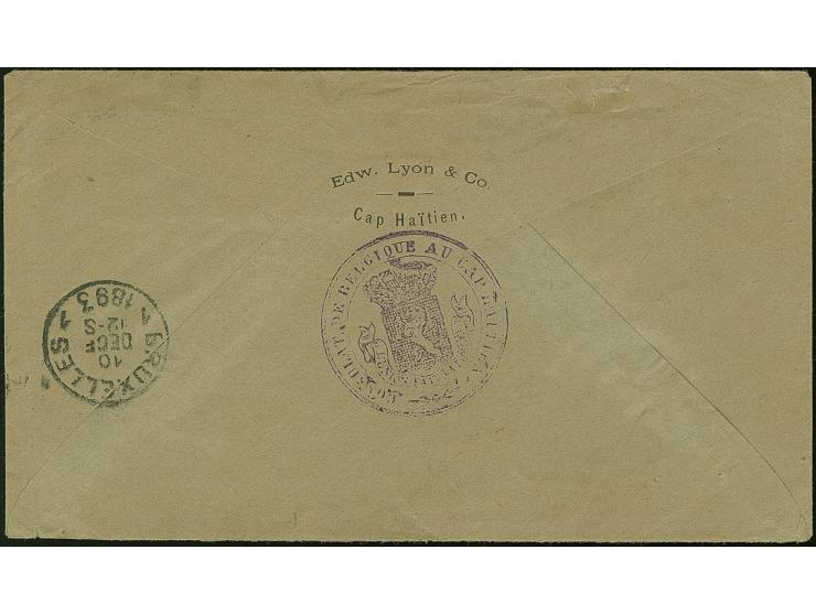 1893, 5 c. orange, horizontal pair with cds. “CAP-HAITIEN 13.NOV 98” on cover of the Belgium Consulate General au Cap Haitien