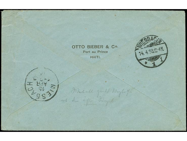 1898, 5 c. greyish black, horizontal pair with cds. “PORT-AU PRINCE 28.MARS.98” on cover with dutch “KONINKLIJKE WEST-INDISCH