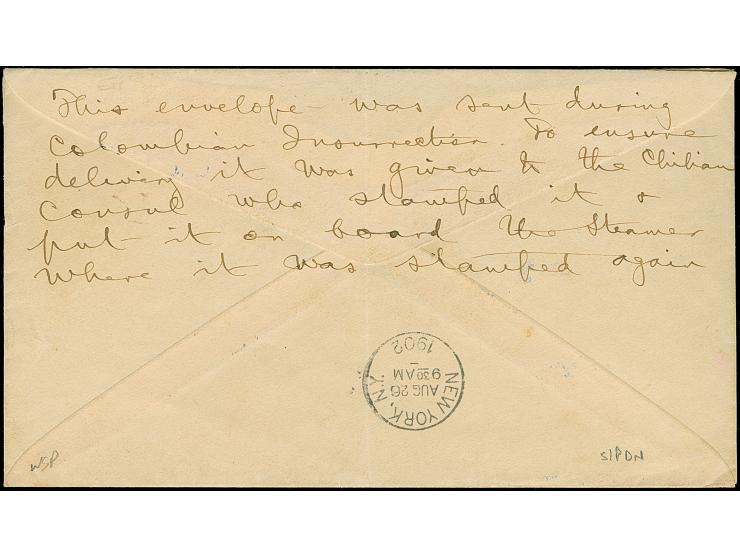 1902, “Alleghany:” US ship cancellation in blue on cover bearing 20 c. brown on rose, imperf, ms. date 20.8.02. At left viole