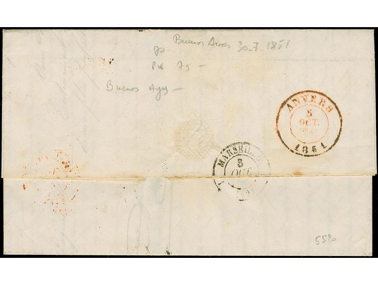 1851, Lettersheet from Buenos Aires dated 30.Juil bearing boxed red straight line "Pays d"outre mer" and tax mark “10”, via A