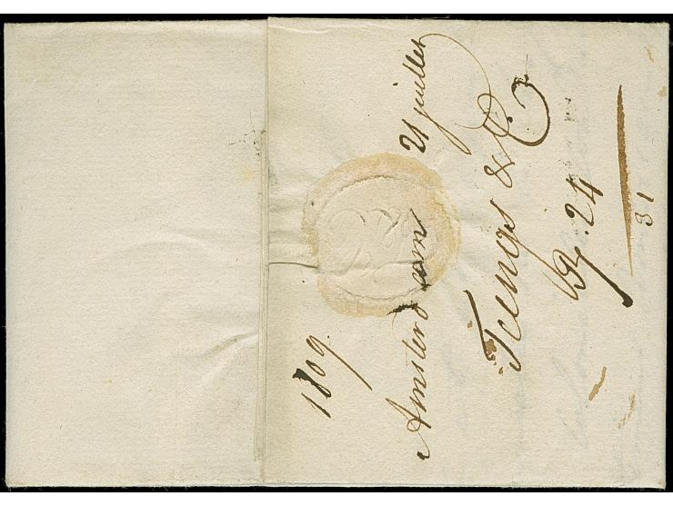 1809, “Hollande par Maaseyck” on folded letter from Amsterdam via Maaseyck to Hodimont, very fine (Herlant no.55)
