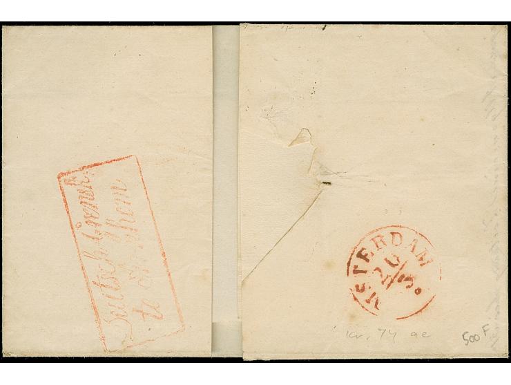 1840, Faltbrief von Leipzig mit schwarzem "LEIPZIG 16 MÄRZ 40" nach Amsterdam, schwarzer Einzeiler "FRANCO" und rotem RA1 "Fr