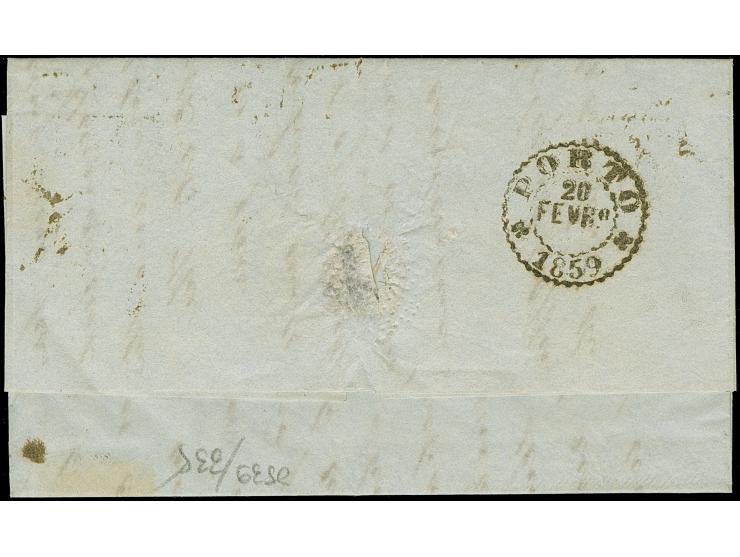 1823, folded envelope bearing King Pedro V. 25 r. rose, closed margins, tied by clear numeral "1" to cover with "LISBOA 19.2.