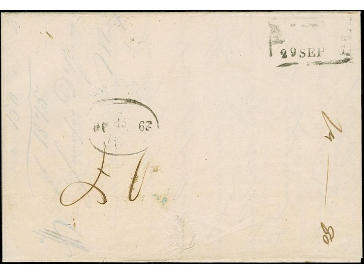 1846, "FRANCO / HAMBURG", L2 in blau vorderseitig auf Brief mit blauem EKr. “AMSTERDAM 29/9” nach Drammen Norwegen mit handsc