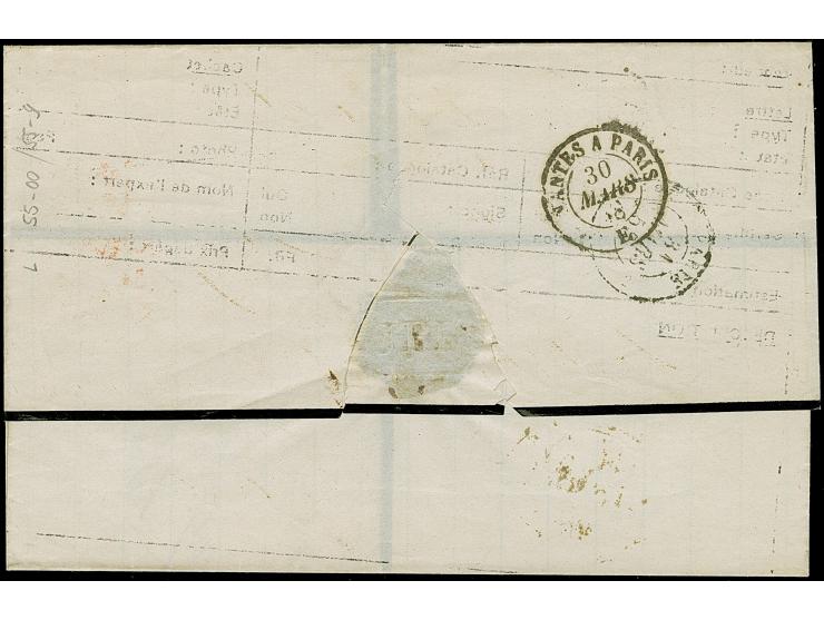1823, folded envelope cancelled “24/3/LISBOA/58”, ms. ‘Vapeur Ville de Cadiz / Voie de Nantes’ and adressed to Paris, transit