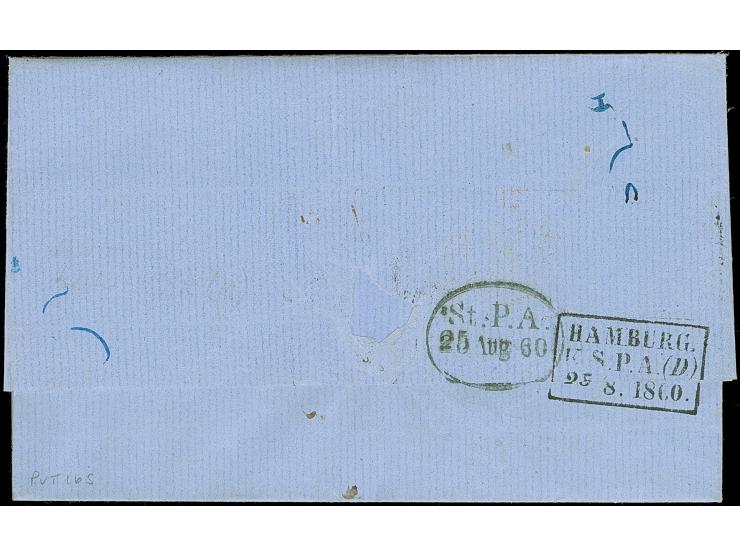 1860, "AMSTERDAM 24/8" K1 in rot auf komplettem Faltbrief nach Stockholm mit handschriftlicher Taxe “5” und mit rückseitigem 