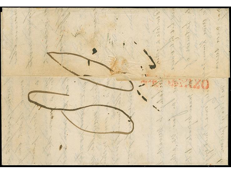1830, Teilportobrief aus K1 “ZUTPHEN 17/MAR”  in rot, nebengesetzt franz. “PAYS-BAS VAL.NES 19/MAR/41” und L2 “VIA DI BEAUVOI