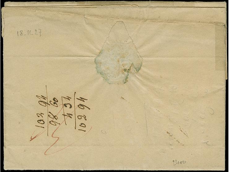 1827, Folded envelope from Nieswiller with black boxed “Franco tout” and red P.P. alongside to Tournay Province Hainout, ms. 
