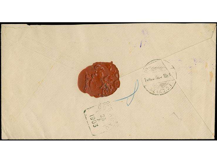 1903, registered cover Curacao 10 c. and 12½ c. on 12½ c. overprinted issue cancelled ARUBA 14.7.03 ms. ‘via New York’ to Mex