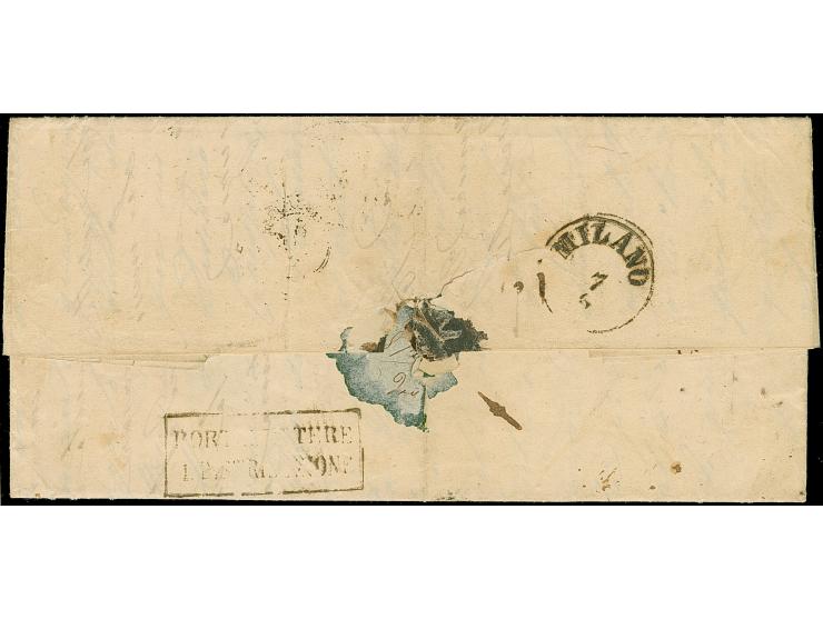 1855, Entire letter from Ferrara 5/GI/55 to Milano, struck with framed "P / Stato Pontificio" handstamp in black, on reverse 