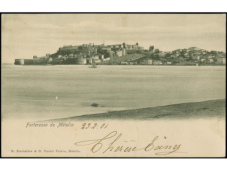 1906, Offices in Turkey 10 pa. on 2 k. tied to ppc ‘Fortresse de Metelin’ by violet R.O.P.i.T./ Mytilene 9 febr 1906 cds., vi