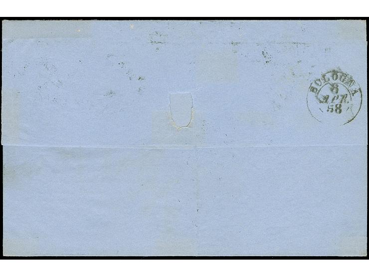 1858, 4 cr. green on white on envelope, cancelled FIRENZE 7 Apr. 1858, addressed to Bologna, arrival 8 APR 58 on reverse, sta