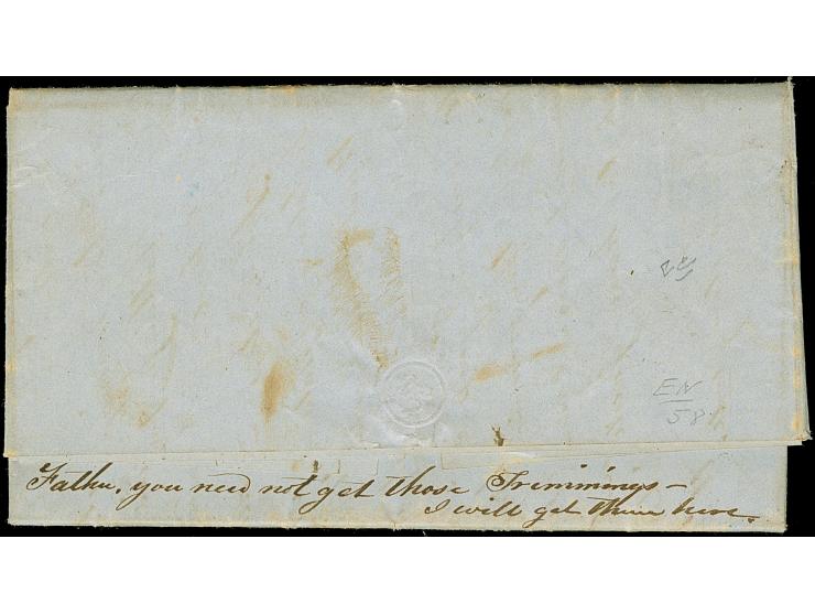 1846, "Haverhill N.H. Jan. 14" blue circular datestamp on folded envelope, clear strikes of ‘PAID’ &amp; ‘5’ alongside, addre