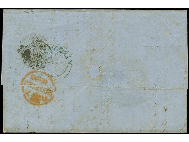 1856, Folded envelope from Manchester DE/20 1856, ms. ‘Via Marseille’ on top left, with several transit marks including, Picc