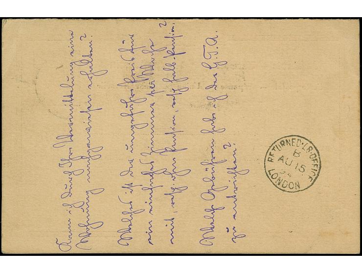 1894, Ganzsachenkarte 10 Pf. + 10 Pf. komplett ungetrennt von DRESDEN nach LONDON mit Ankunftsstempel und Einzeiler RETOUR so