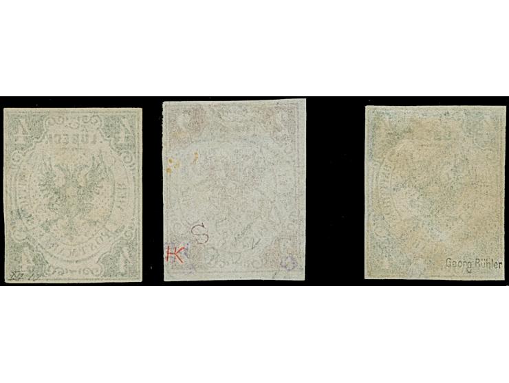 1859, 2 Sch braun und 4 Sch. dunkelgrün, beide farbfrisch und voll- bis breitrandig, sauber gestempelt. Rückseitig kleine Ste