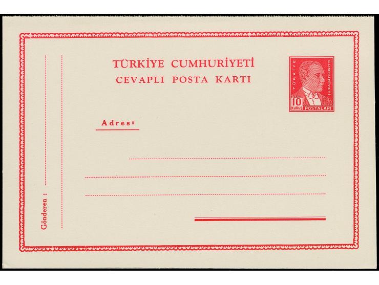 1951, Atatürk postal stationery answering card 10+10 krs. red complete undivided, unused, very fine (isfila cat. value 240€) 