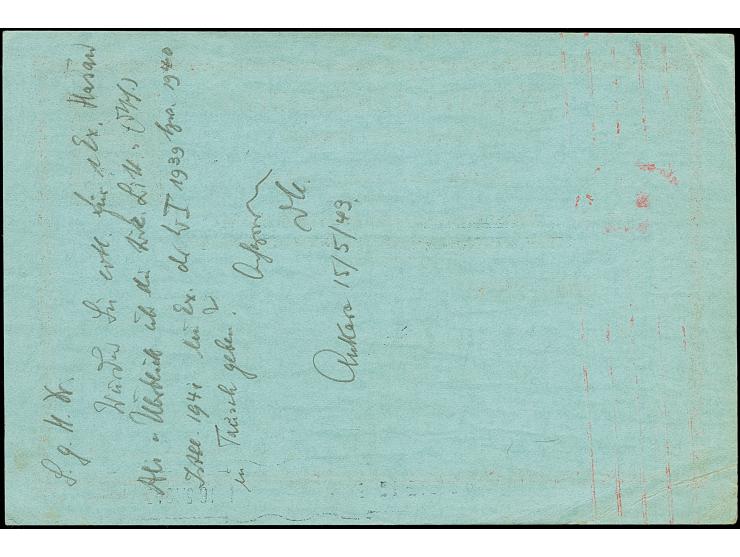 1944, Atatürk postal stationery card 4½ on 5 krs. deep blue surcharge on red/blue thin card, cancelled ANKARA cds. and red ge