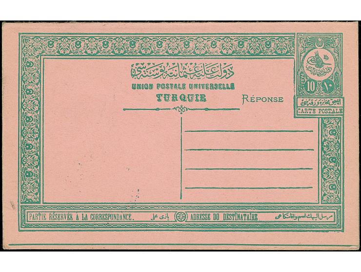 1909, 10 pa.+10 pa. green postal stationery answering card complete, used uprated with 10 pa. green at left tied by GALATA 22
