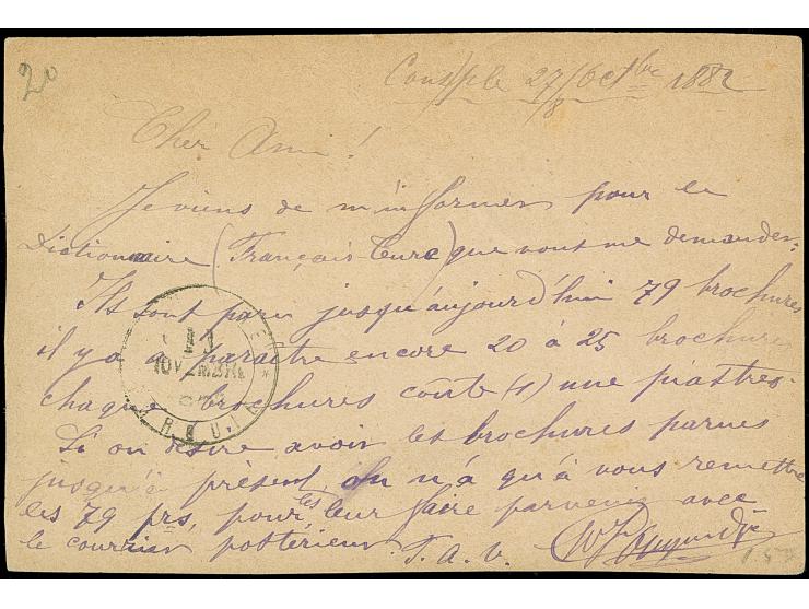 1882, Duloz 20 pa. grey on formular stationery card, tied by all arabic boxed DERSAADET and CONSTANTINOPLE-GALATA DEPART 9/NO
