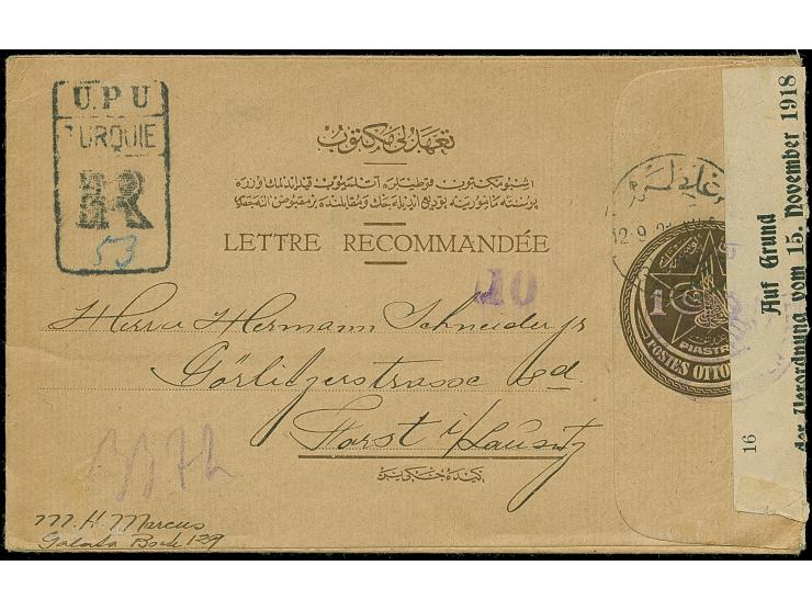 1914, 1 pia. brown postal stationery registered envelope used uprated with Sultan Vahdettin Accession on the Throne 50 pia. g