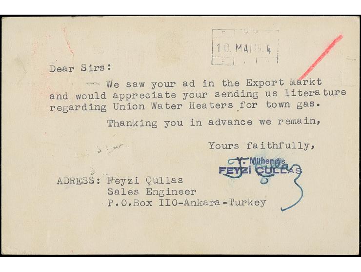 1954, Atatürk postal stationery card 12 krs. red, with wm., clear cancelled ANKARA 12.5.54, very fine and a scarce usage to G
