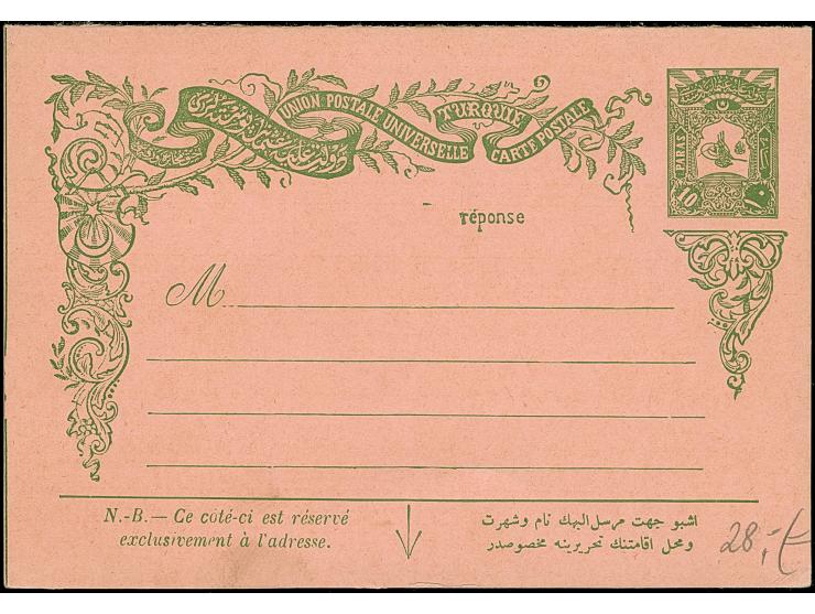 1905, 10 pa.+10 pa. green postal stationery answering card complete used with barred all arabic GALATA 1 and CONS PLE GALATA 