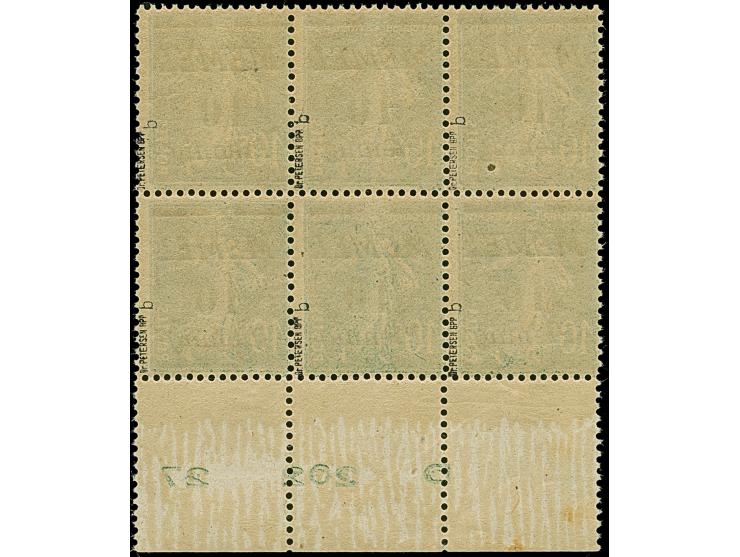 1922, 10 Pfg. a. 10 C. dunkelgrün, UR-6er-Block m. Druckdatum “E20227”, postfrisch, linkes Unterrandfeld gering stockig, sons