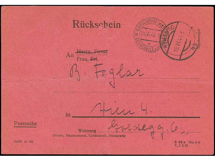 Theresienstadt: 1943, Rückschein für einen R-Brief von Wien, gefaltet