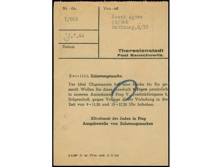 Theresienstadt, 1944, frankierter Einlieferungsschein für einen R-brief ins Lager, angeheftet an einen Bezugsschein für eine 