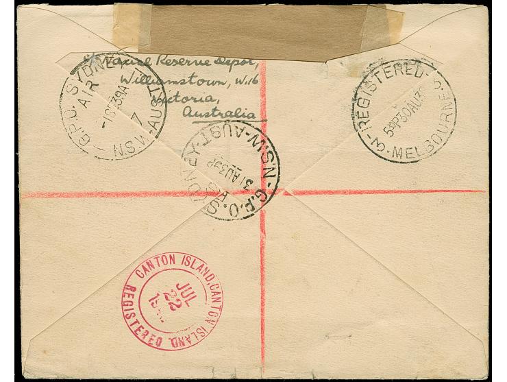 19369, California Clipper flown legal sized censored cover, by Clipper from New Zealand to Canton Island with purple boxed "N