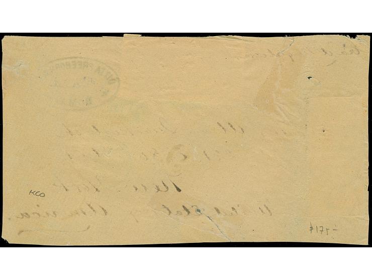 1866, 8 baj. black on white, two pairs on cover front only from Rome to New York via England, each tied by diamond grill canc
