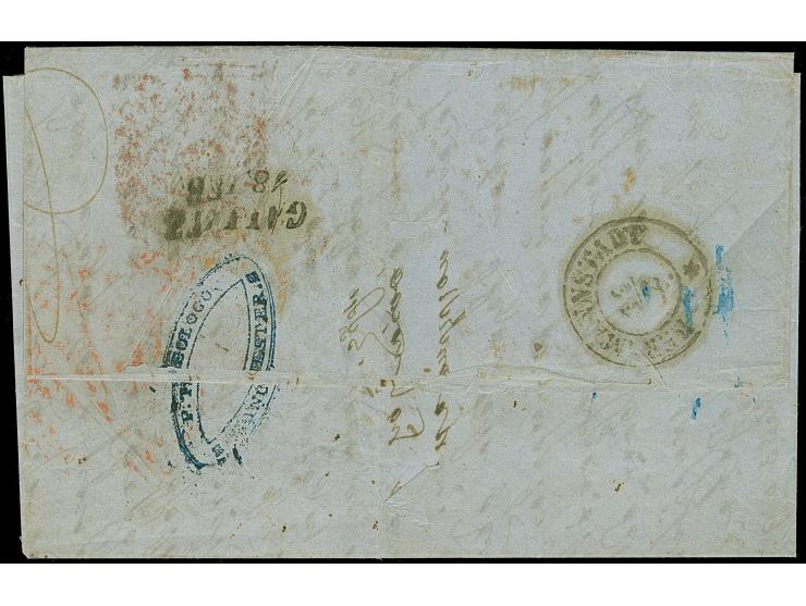 1856, Manchester to Galatz, Romania, stampless folded letter, sent prepaid at 1/1d. rate in manuscript, endorsed “Via Ostend 