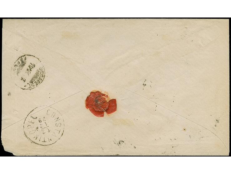 1879, Umschlag mit Paar 10 sld. blau als Einschreiben entwertet FILIPPOPELI 9/12 nach Sarajevo, rs. Transitstempel Constantin