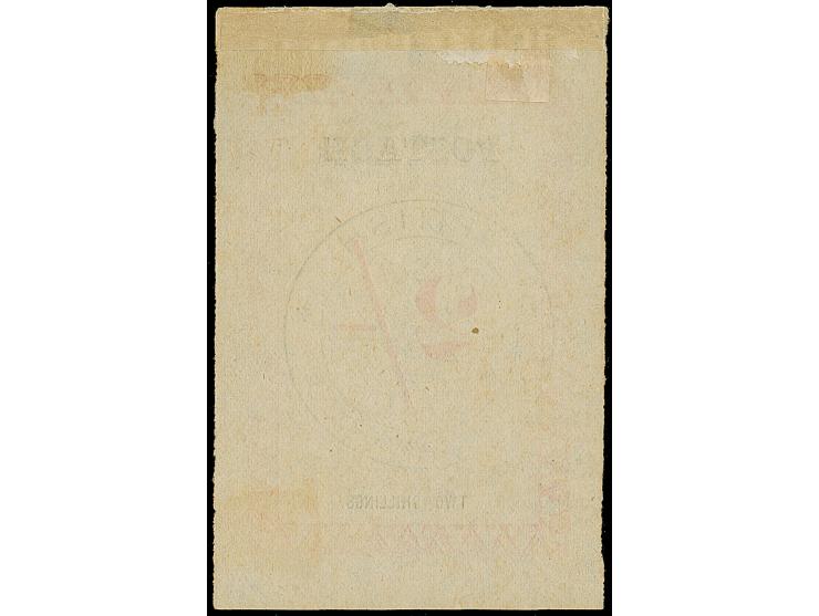 1886, 2/- sh. rose, 'postage' 24.5 mm, Handstamped ‘British/Consular/Mail/Antananarivo’ in black, unused without gum, tiny th
