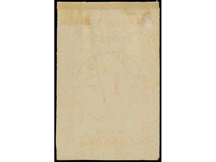 1886, 1sh. rose, 'postage' 24.5 mm, Handstamped ‘British/Consular/Mail/Antananarivo’ in black, unused without gum, tiny thin 