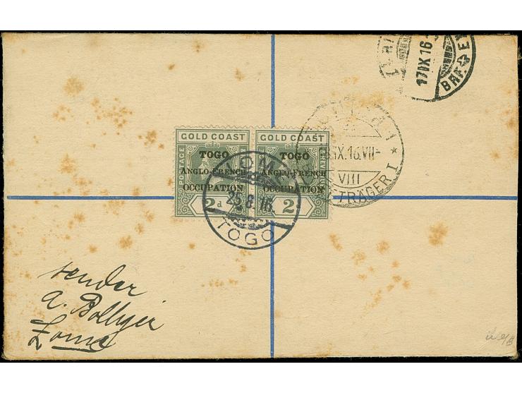 1916, small format registered letter envelope 1d. brown with pair London printing George V. 2 d. grey as additional franking 