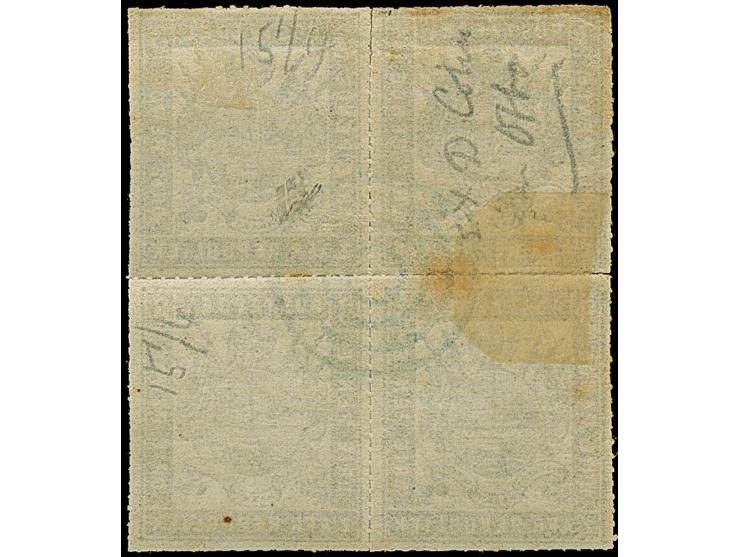 1871, Printed by Adolf Otto, Gustrow, Mecklenburg-Schwerin 3d. dull ultramarine block of four with central target cancellatio