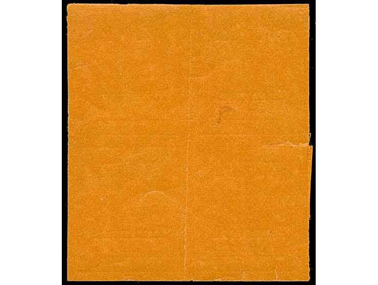 1877/79, Overprinted ´V.R./Transvaal´ in black. 1d. red on orange, imperforate block of four, prefolded and cut into at left 