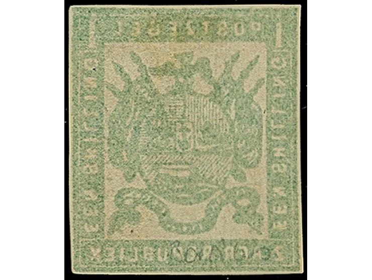 1870, M.J. Viljoen 1 s. deep green from over-inked plate, medium paper, blotchy heavy printing, closed margins, cut used with