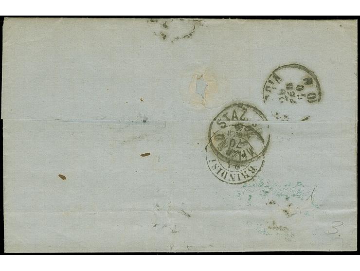 1870, Austrian P.O. small type Smirne 19.2.70 cds. on an unfranked folded letter to Italy, alongside boxed “Piroscafi Postali