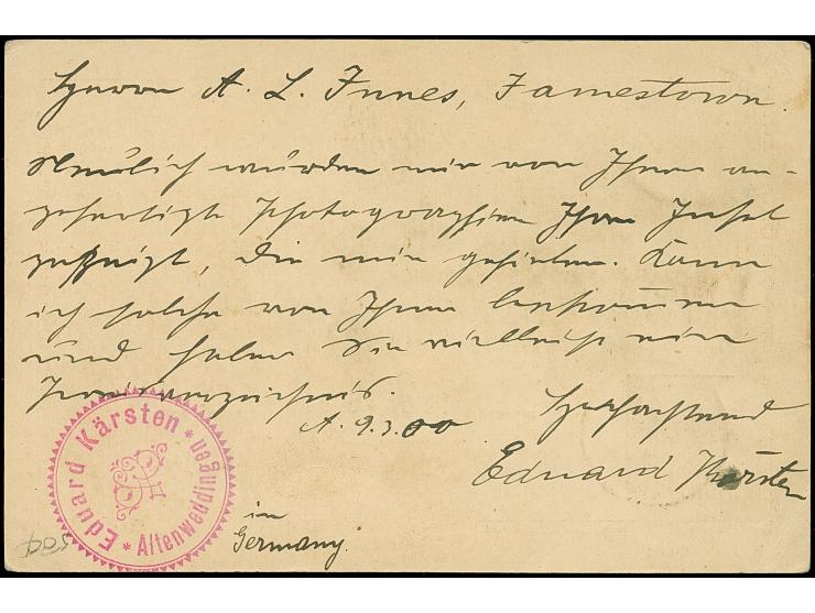 1900, Ganzsachenkarte 10 Pf sauber entwertet Altenweddingen 9.3.00, rs. Absenderstempel Eduard Kärsten, seltene Destination v
