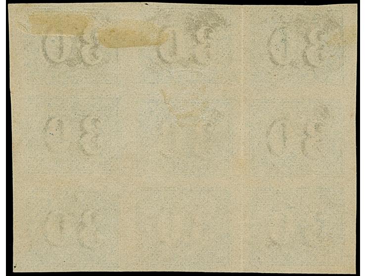 1854, Coloridos 30 r. greyish-blue on greyish thin paper, an unused block of nine with good to large margins all round, unuse